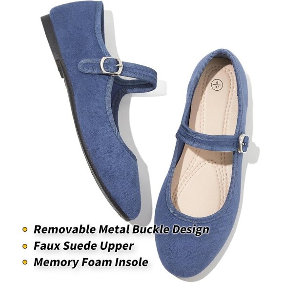 Babudog Womens Blue Faux Suede Rounded Toe Ankle Strap With Buckle Flats - Picture 2 of 9